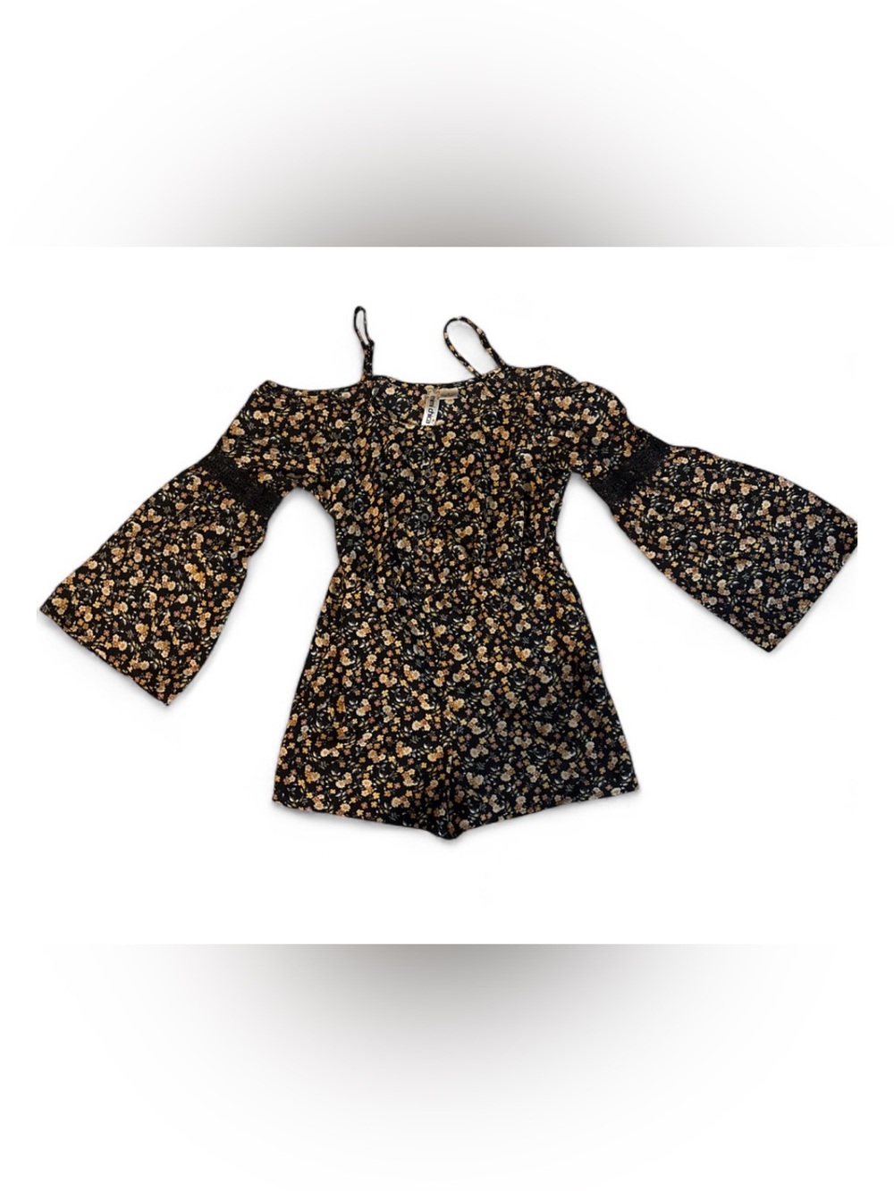 Mimi Chica Black Floral Cold-Shoulder Romper with Tan Flowers